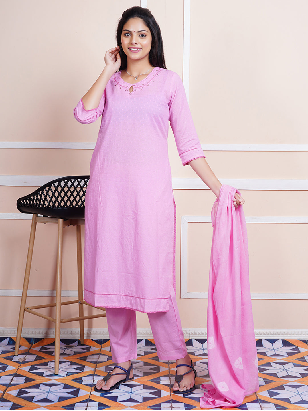 Women Cotton Printed Kurti Set Pink PKS25