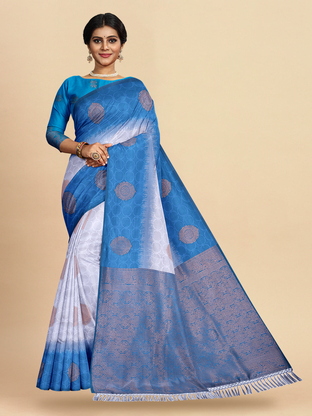 Women Blue with White Stylish Art Silk Fancy Jari Border Saree SS101