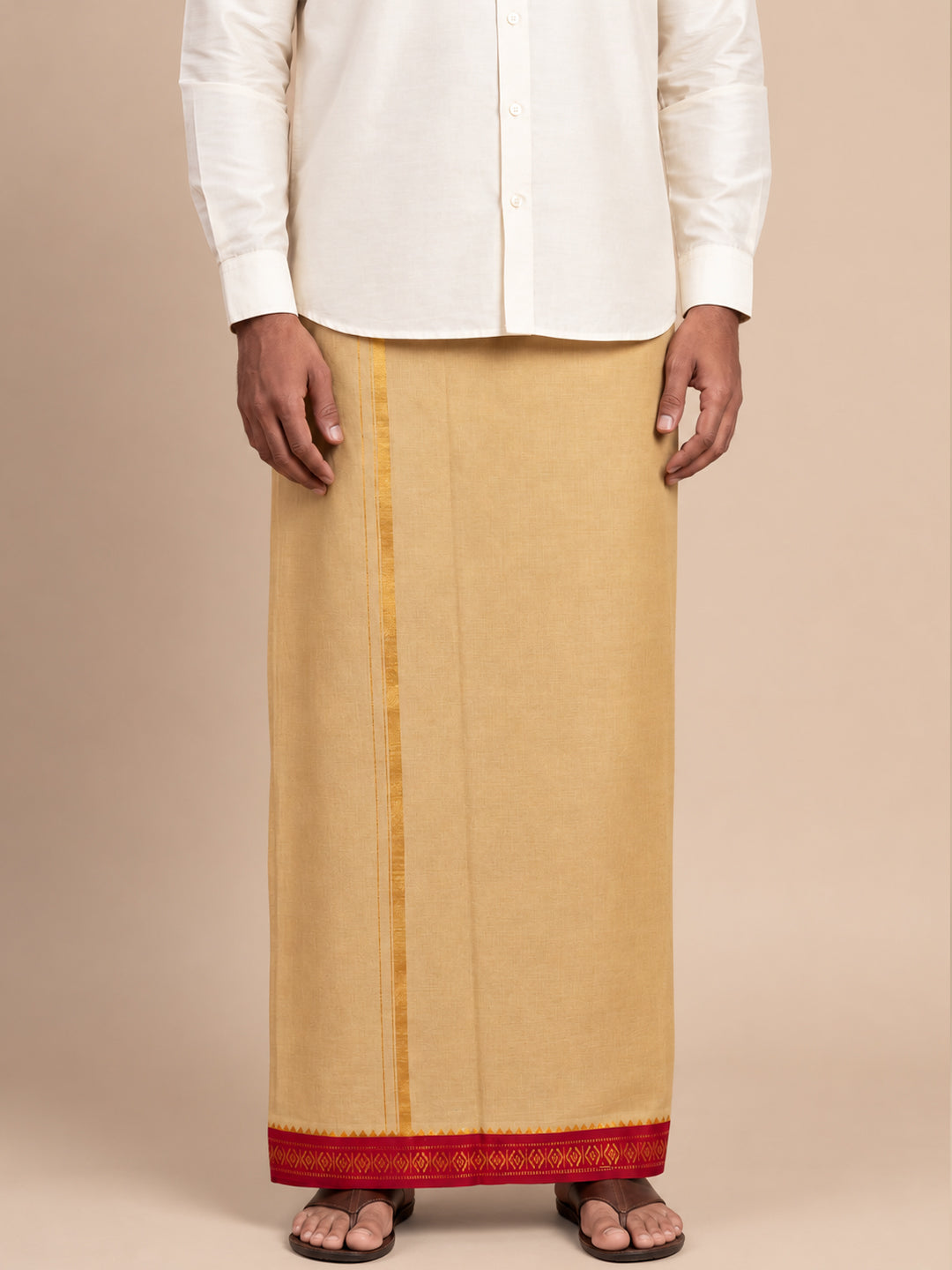 Double Layer 100% Cotton Light Kaaki Dhoti with Mayilkhan Border - Sudharsan 4m