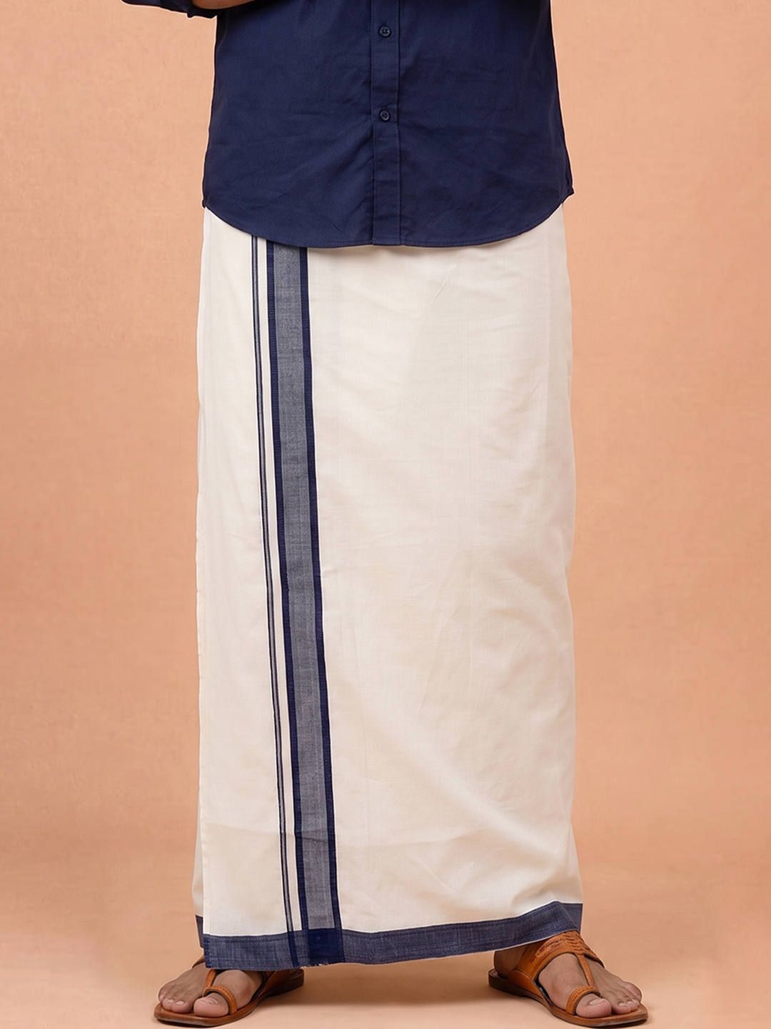 Double Layer 100% Cotton White Dhoti With Navy Border - RP11