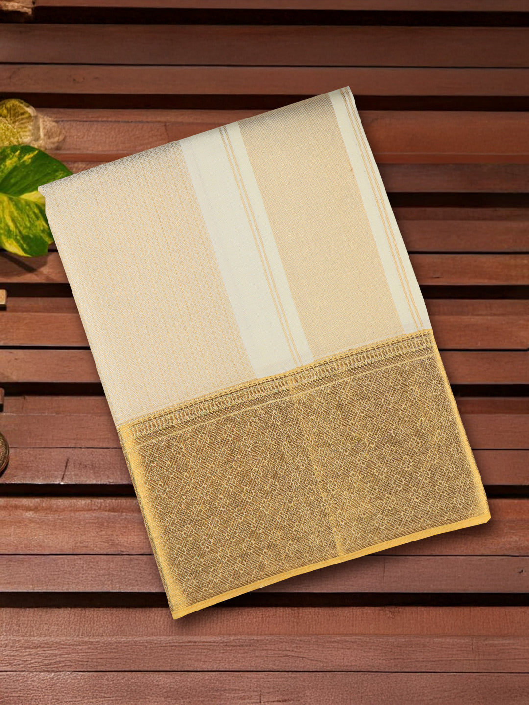 Men Premium Pure Silk Cream Dhoti & Towel Set with 6" inch Gold Jari Border Amirtham AM16