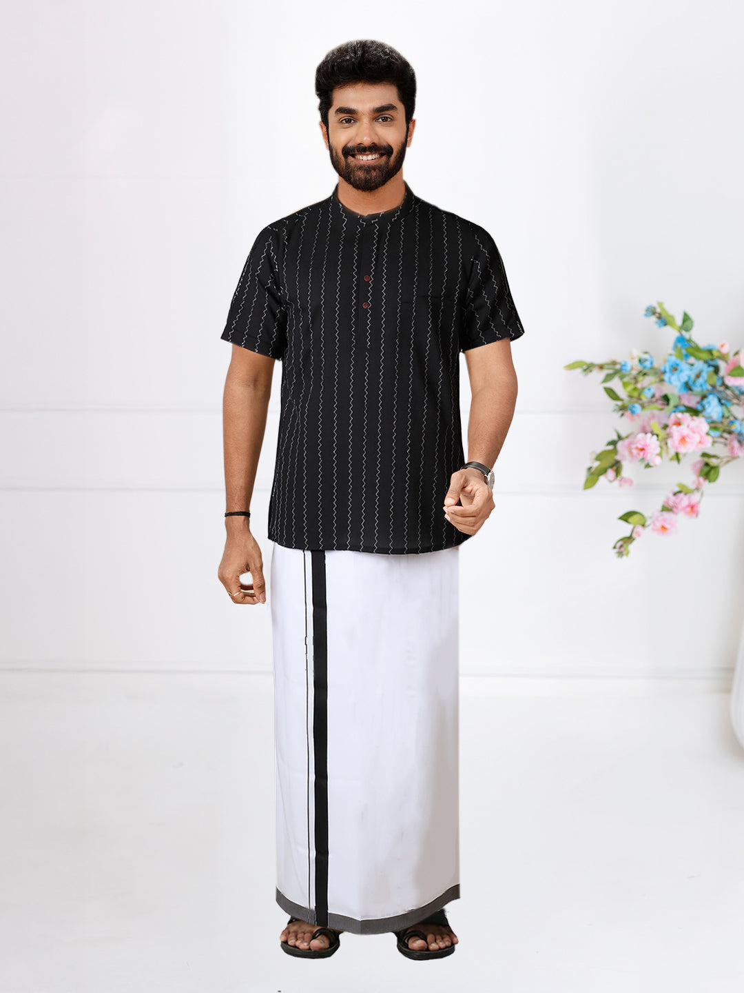 Men Black Short Length Kurta with Matching Border Dhoti Set PC35