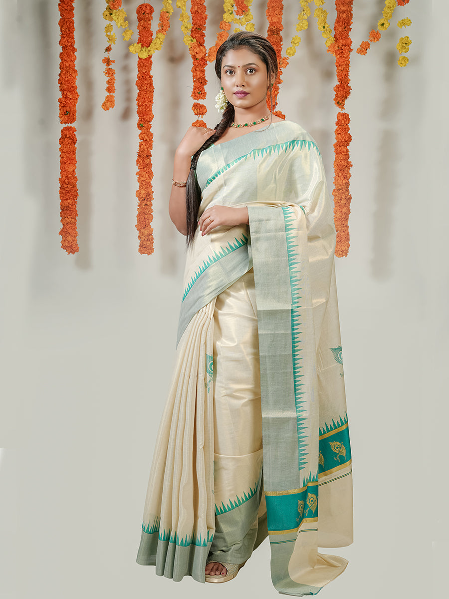 Womens Kerala Tissue Leaf with Flute Printed Gold Jari & Green Border with Tussle Saree OKS06 Onam Collection