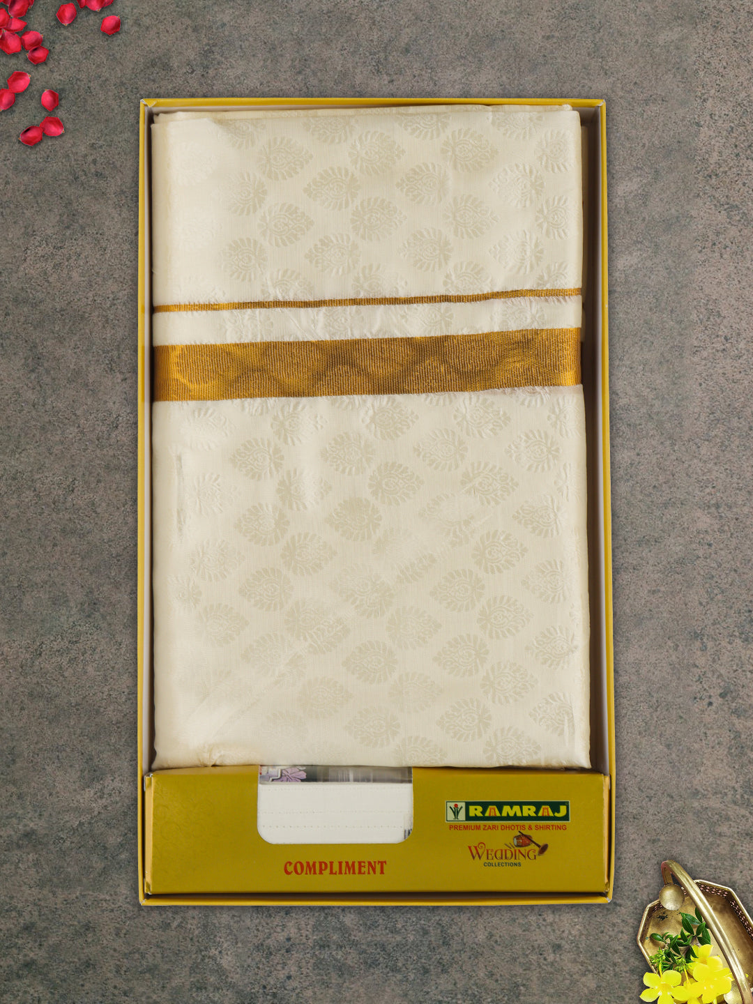 Men Gold Border Double Dhoti & Towel Set Ishwaryam Embose