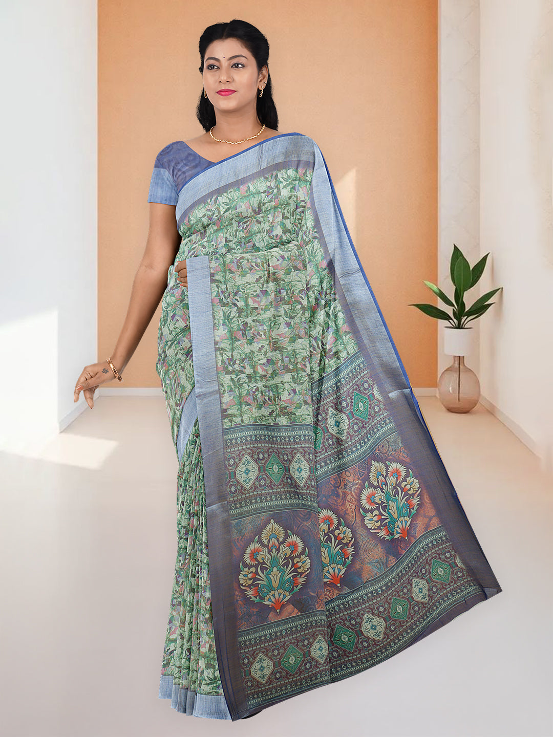 Women Green Semi Linen Saree SL227