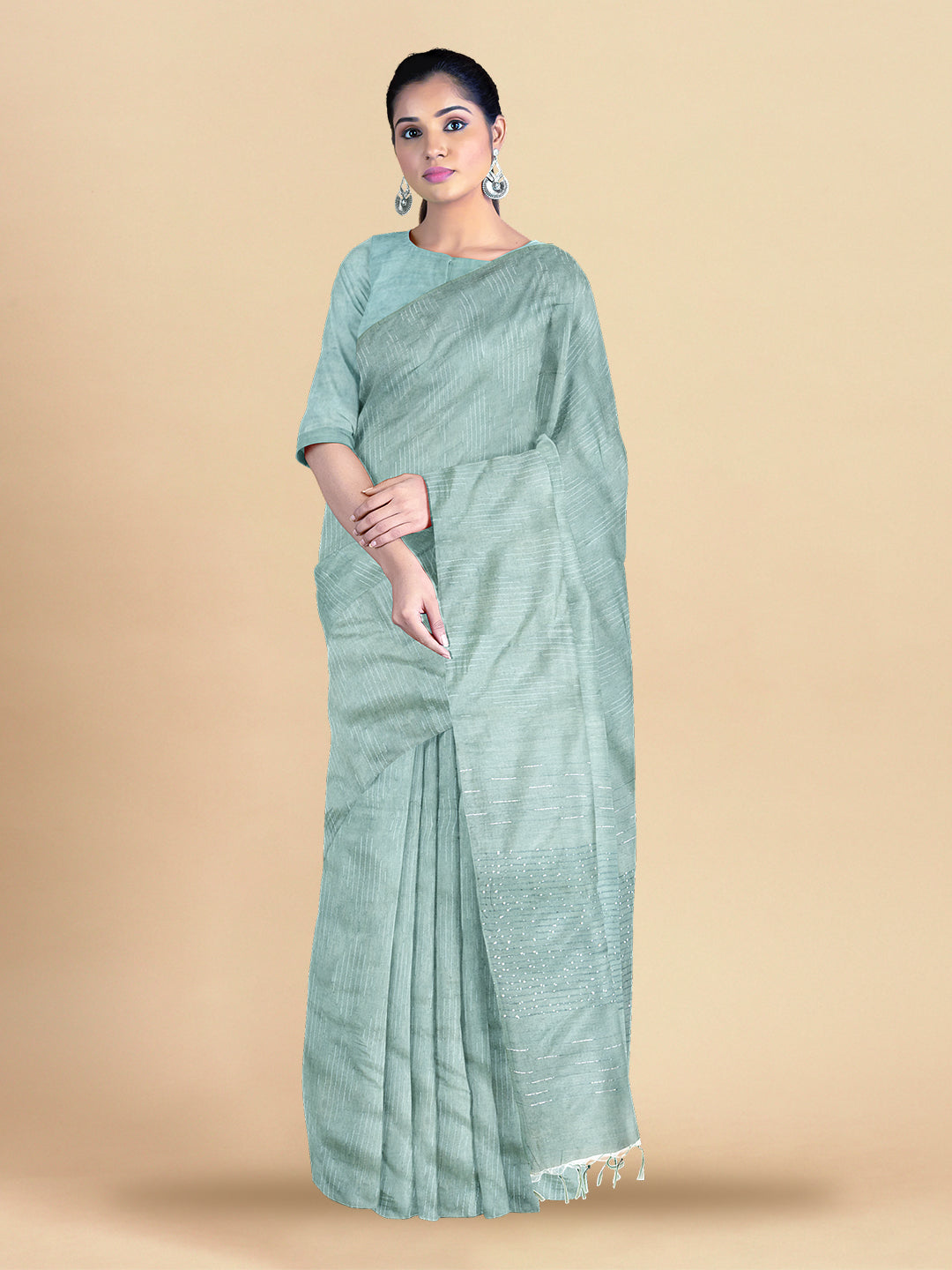 Womens Elegant Semi Tussar Printed Green Colour Embroidery Saree ST108