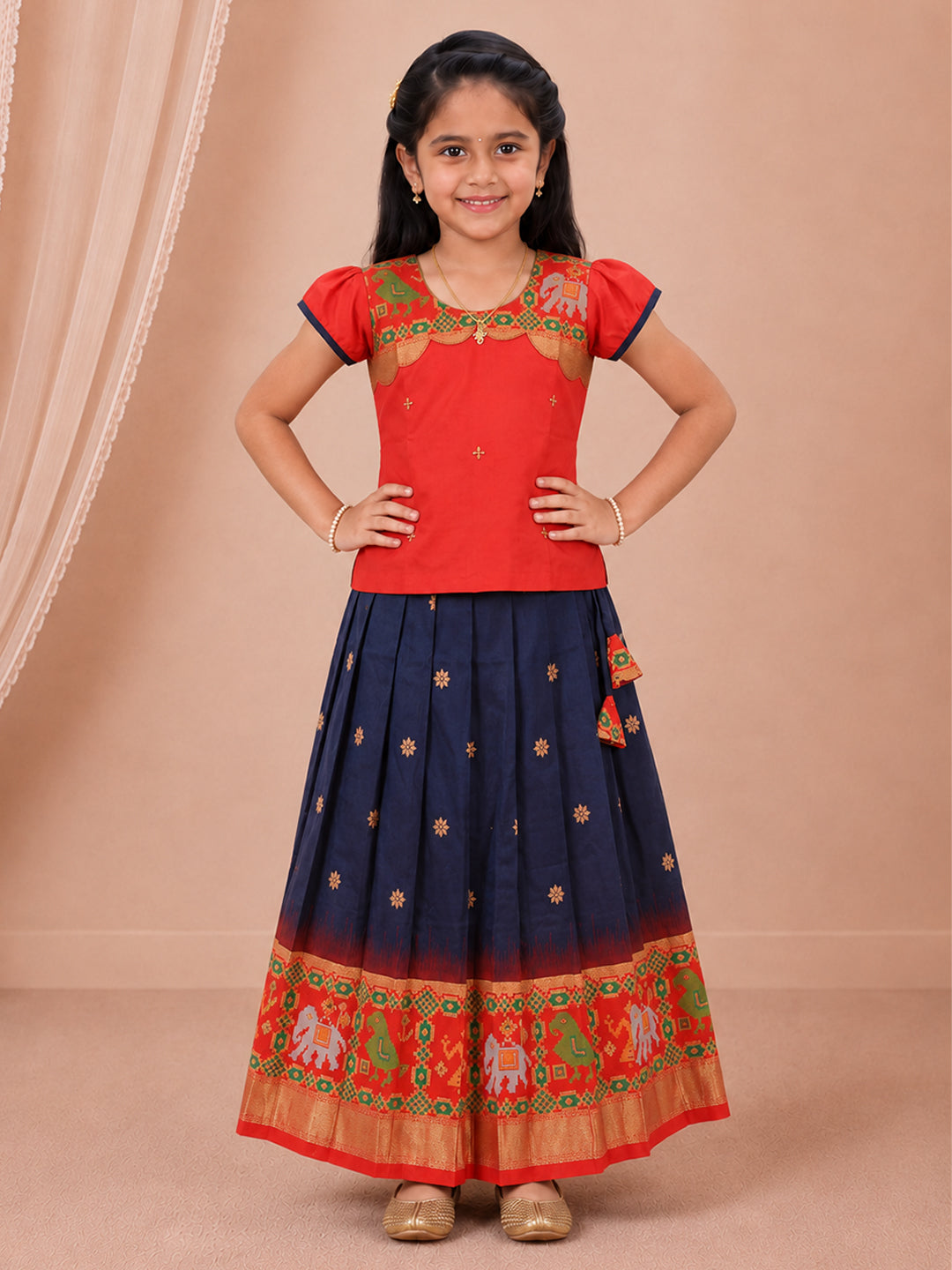 Girls Art Silk Red with Navy Pattu Pavadai Set GPS64