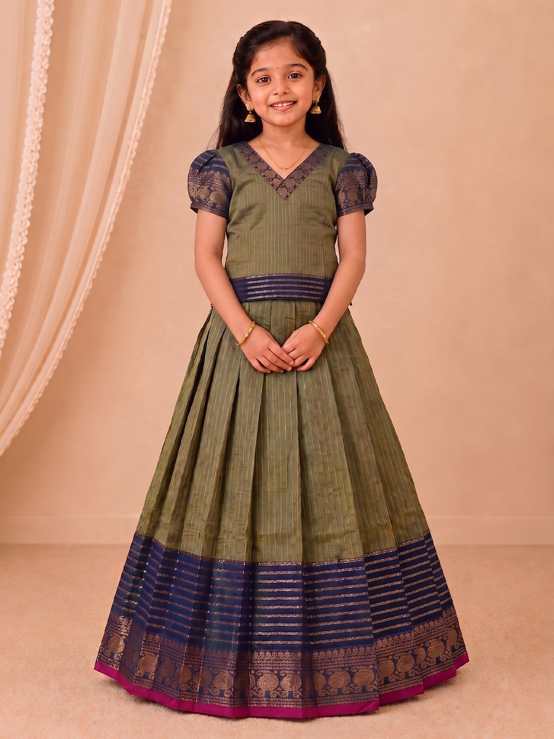 Girls Cotton Green with Blue Pattu Pavadai Set GPS54