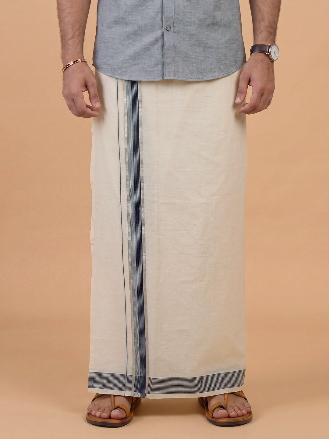Double Layer Kora Cotton Cream Dhoti with Colour Jari Border - Excel 3.9m ESJ01