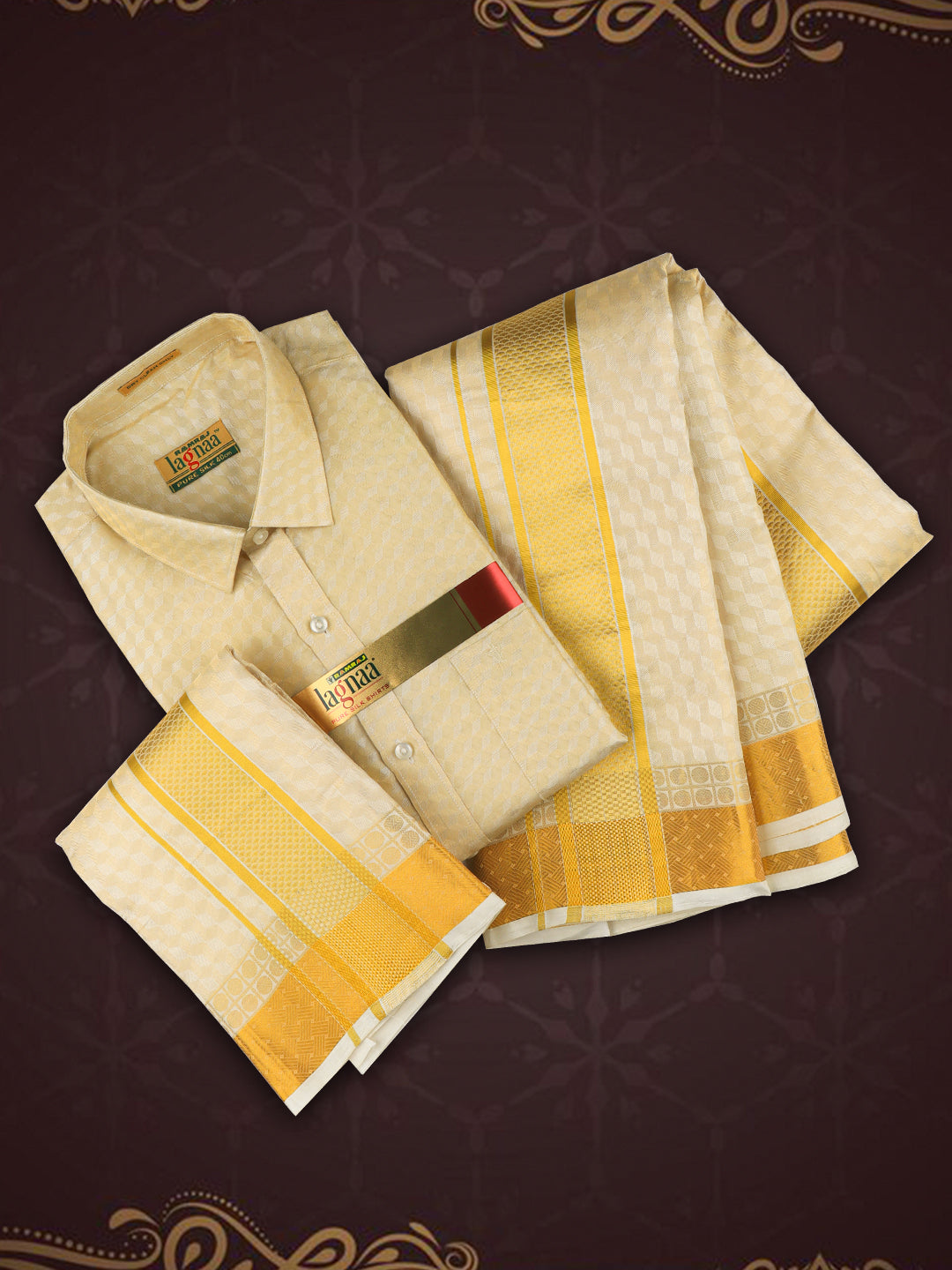 Men Premium Pure Silk Tissue Wedding Readymade shirt with dhoti & Towel set Rajahamsa