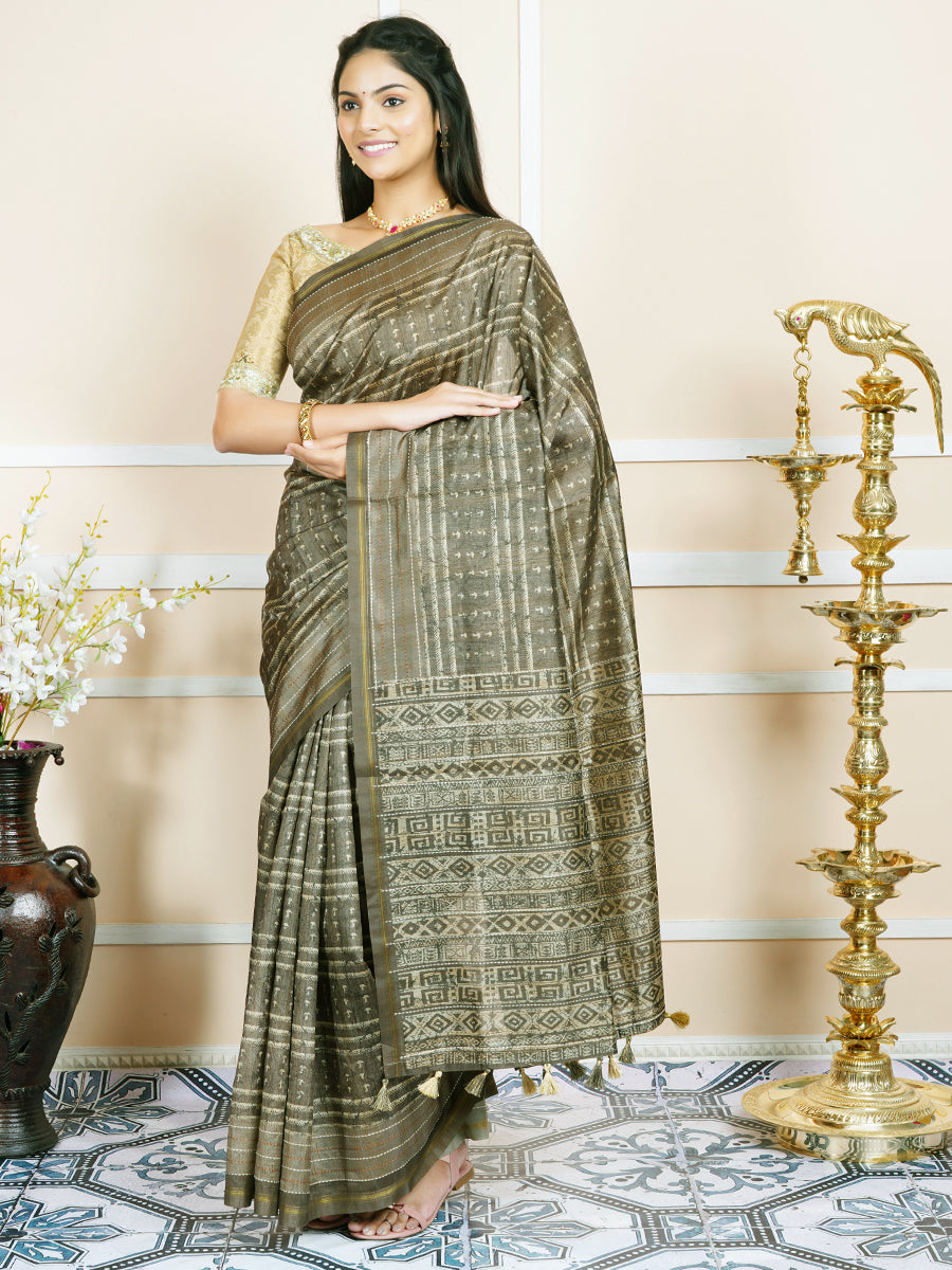 Women Semi Tussar Weaving Saree Green ST119