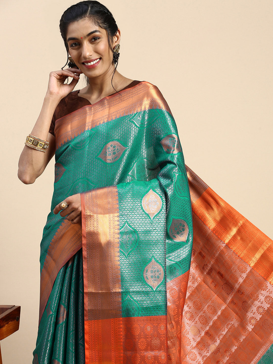 Womens Semi Silk Checked All Over Design Green & Copper Jari Border Saree AS04-Front view