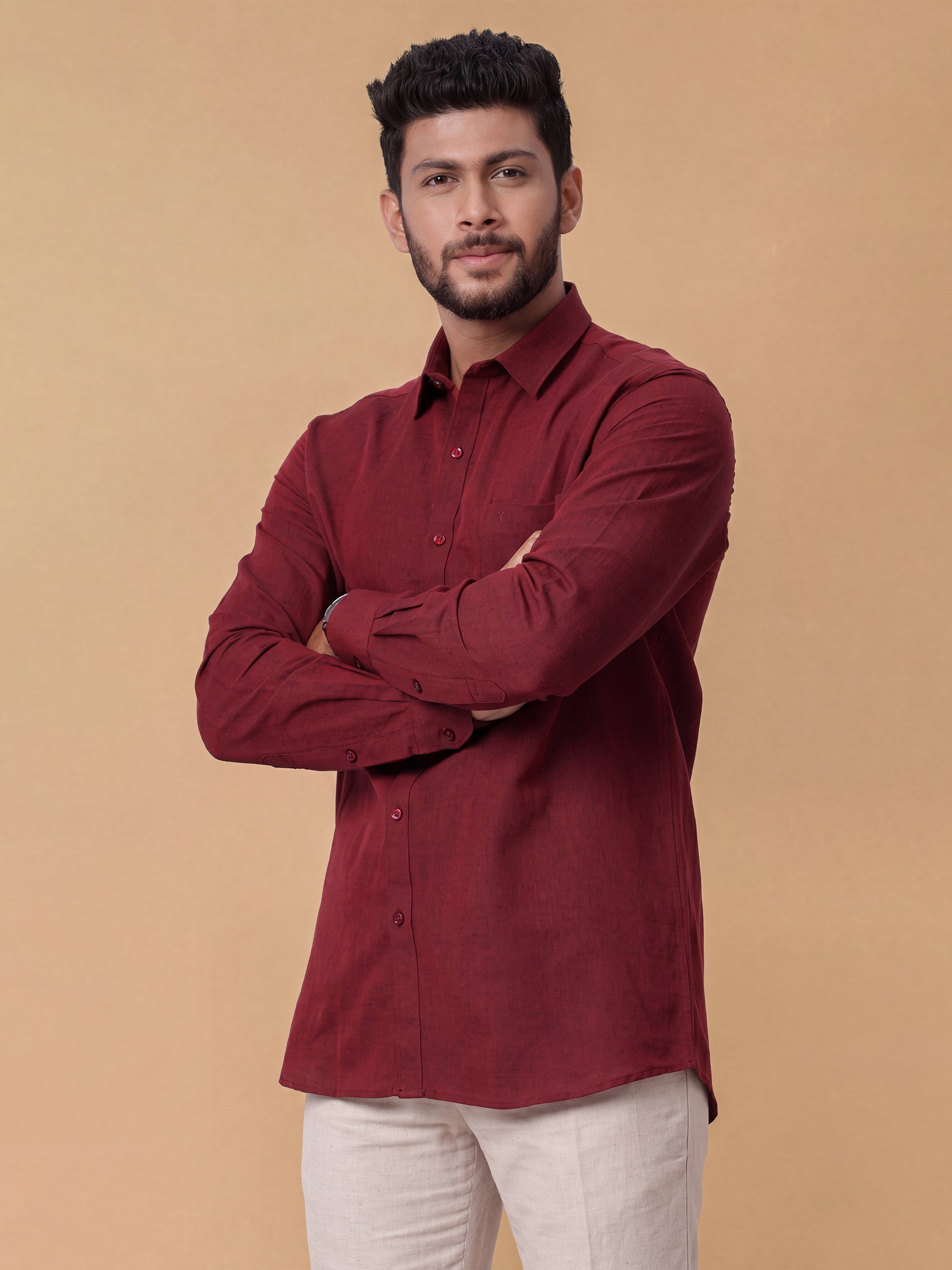 Linen Cotton Maroon Regular Fit Shirt LF14