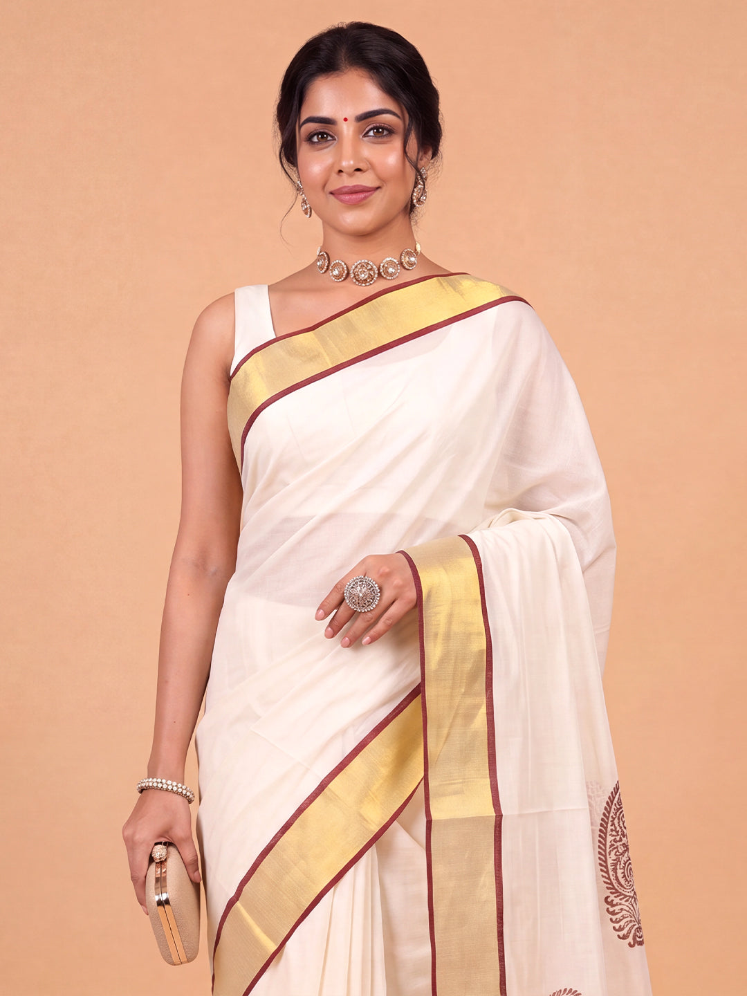 Women Kora Cotton Cream Printed Saree with Gold Jari KLS61