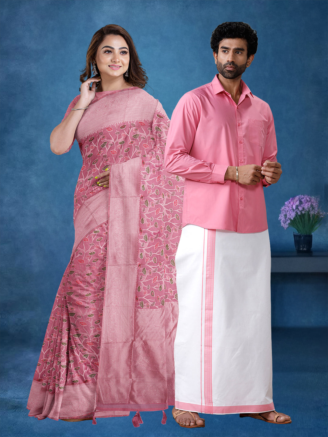 Couple Combo Shirt & Dhoti Set with Saree Pink ASS32