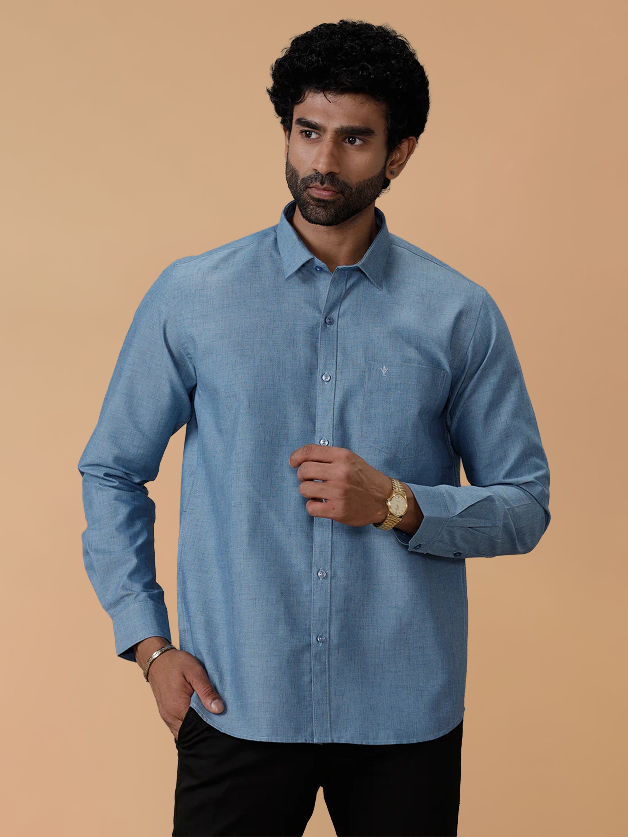 Cotton Rich Deep Blue Regular Fit Shirt Trendy 8 YH6