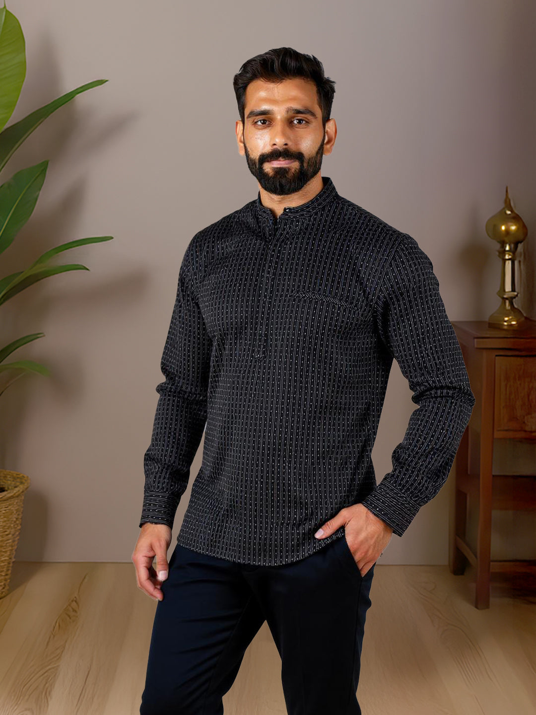 Men Cotton Short Length Stripes Pocket Kurta Black RJ31
