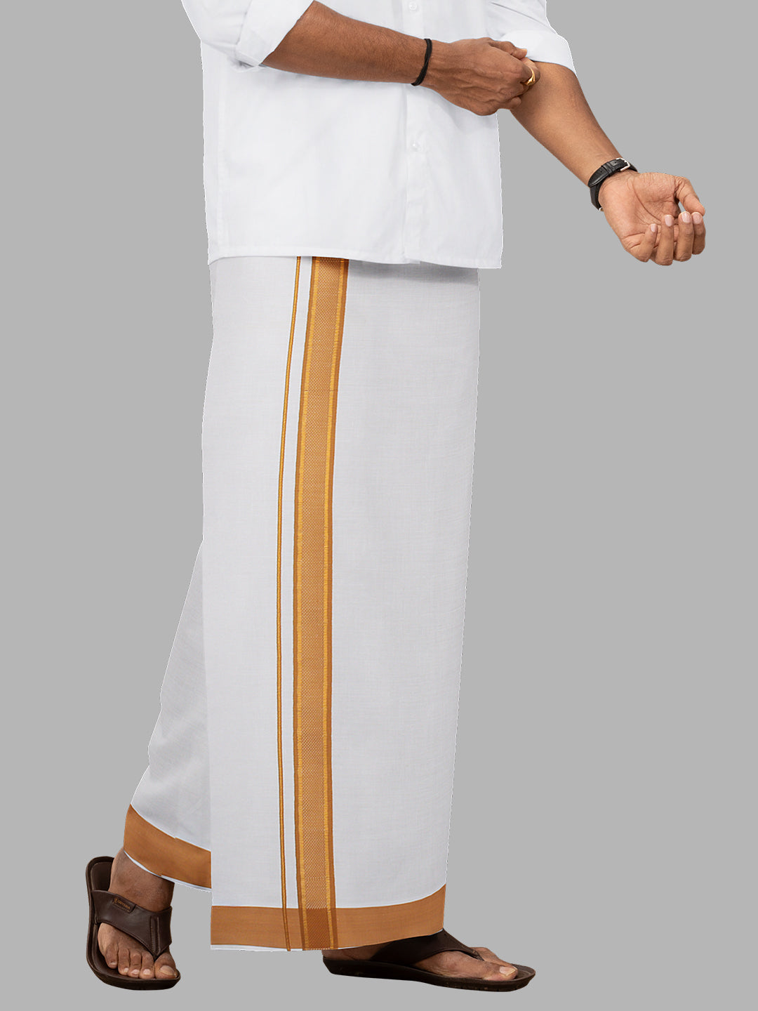 Men Mustard Fancy Jari Border Single Layer Adjustable Pocket Dhoti GACJ33