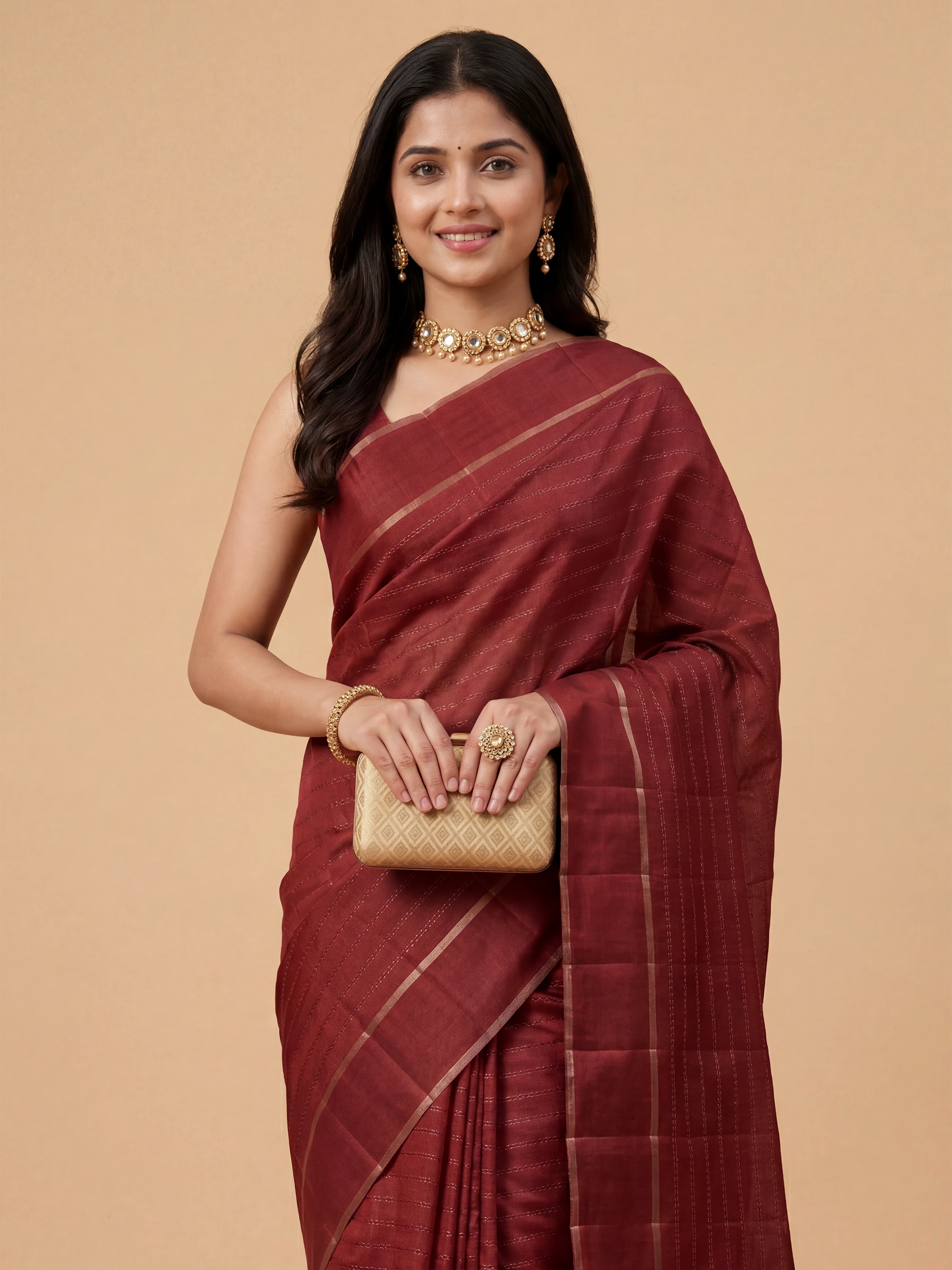 Women Semi Tussar Red Saree ST332