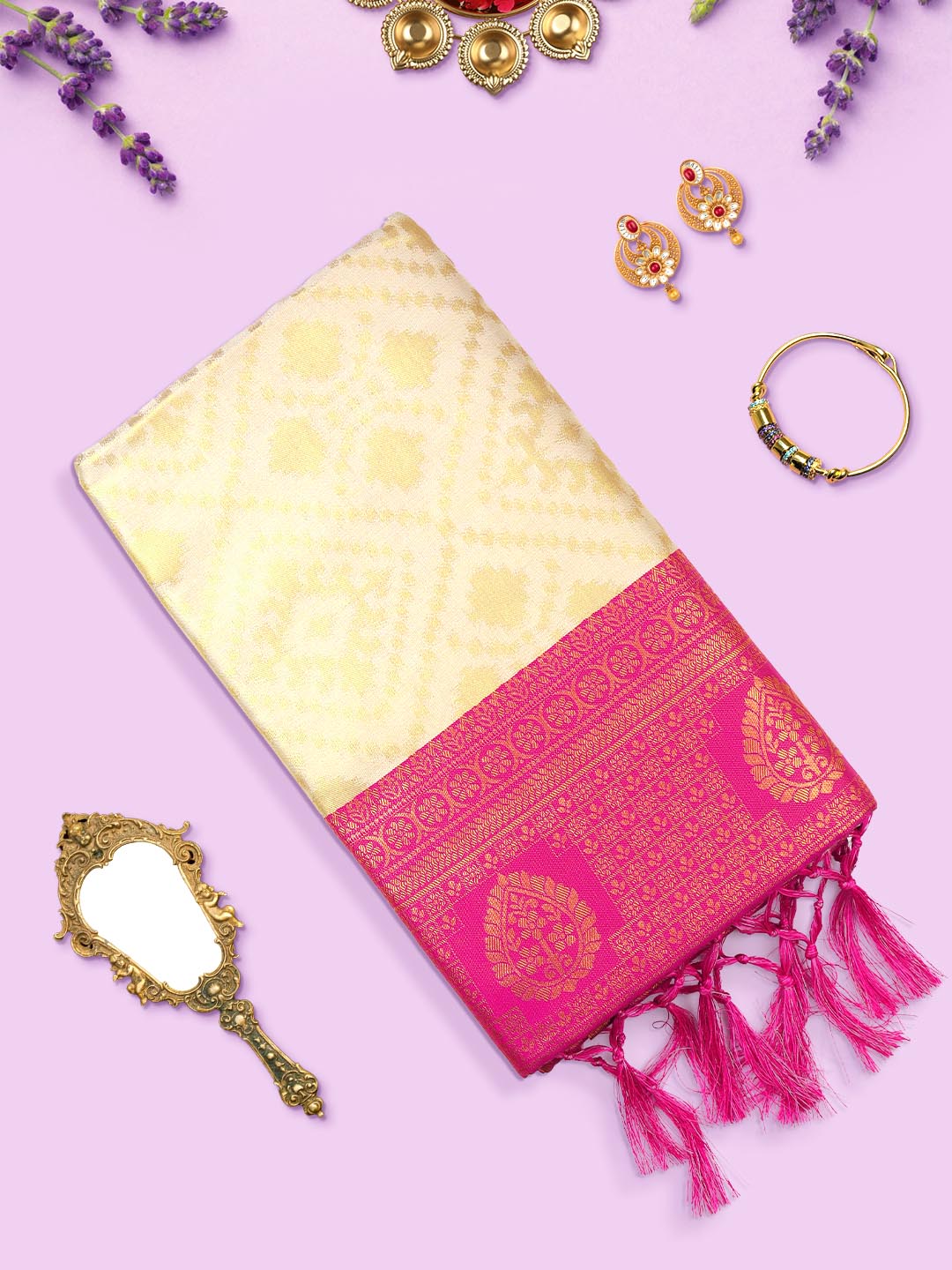 Women Stylish Semi Silk Sandal Saree with Contrast Pink Jari Border SS73-View one