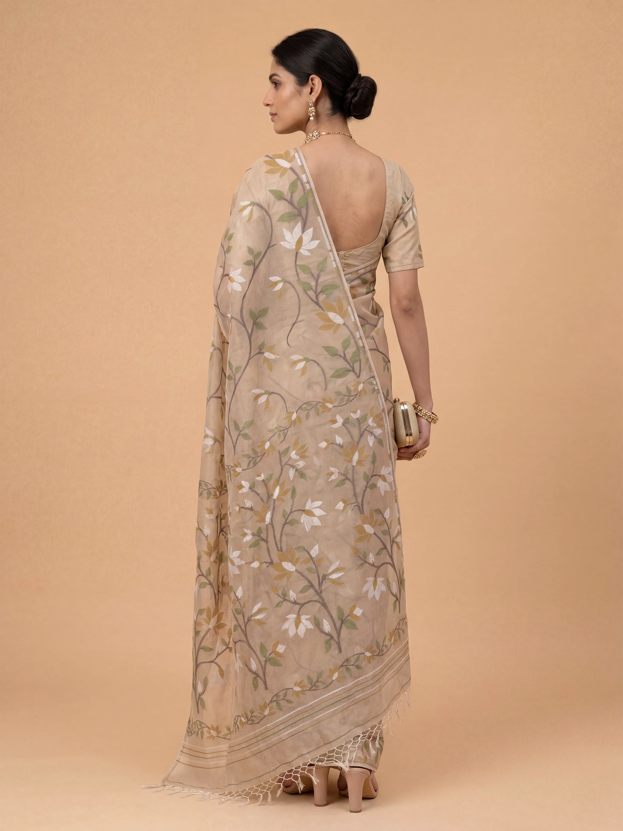 Women Semi Linen Printed Light Brown Saree SL251