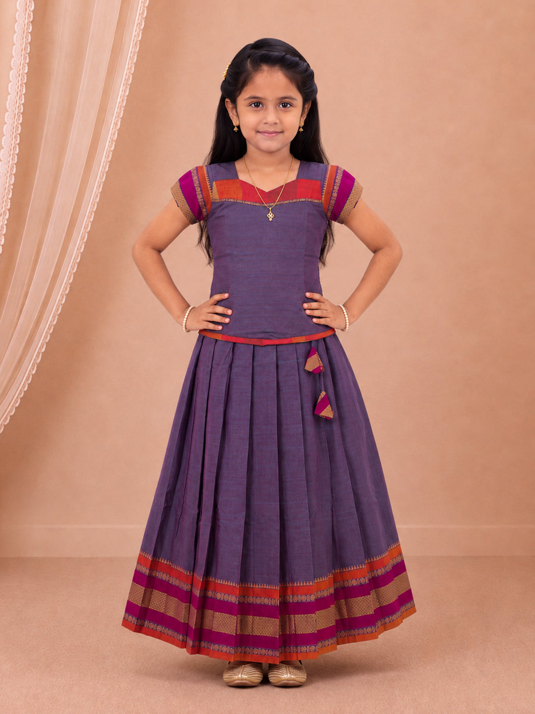 Girls Cotton Blue Pattu Pavadai Set GPS58