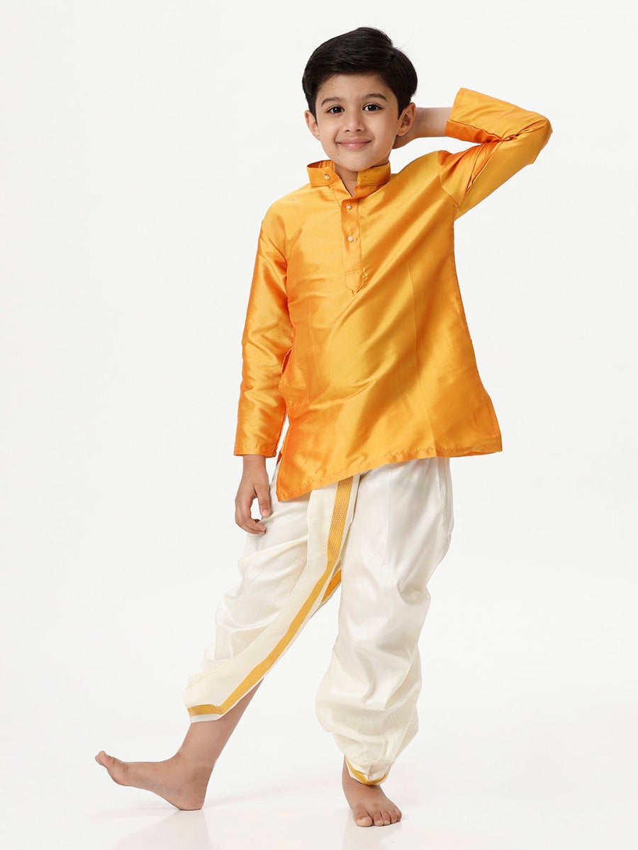 Boys Silk Cotton Full Sleeves Golden Yellow Kurta with Panchakacham Combo-Full view