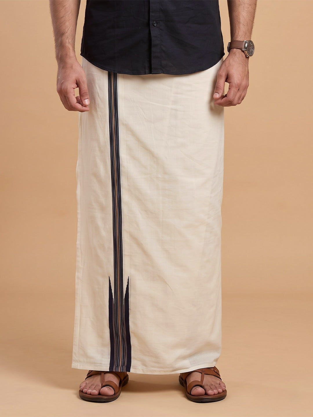 Double Layer 100% Cotton Cream Dhoti with Colour Jari Border - LC50