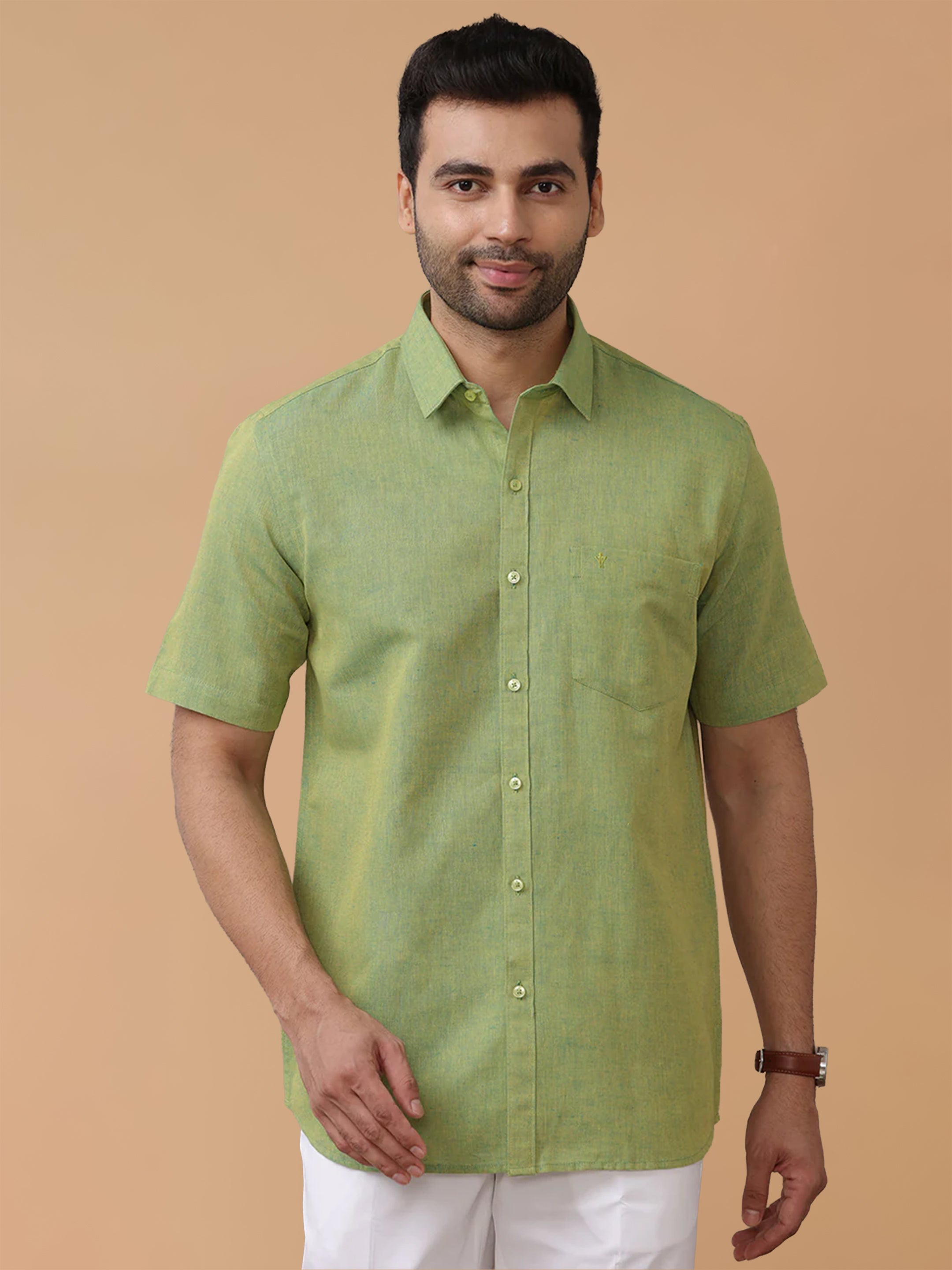 Linen Cotton Yellowish Green Regular Fit Shirt LF9
