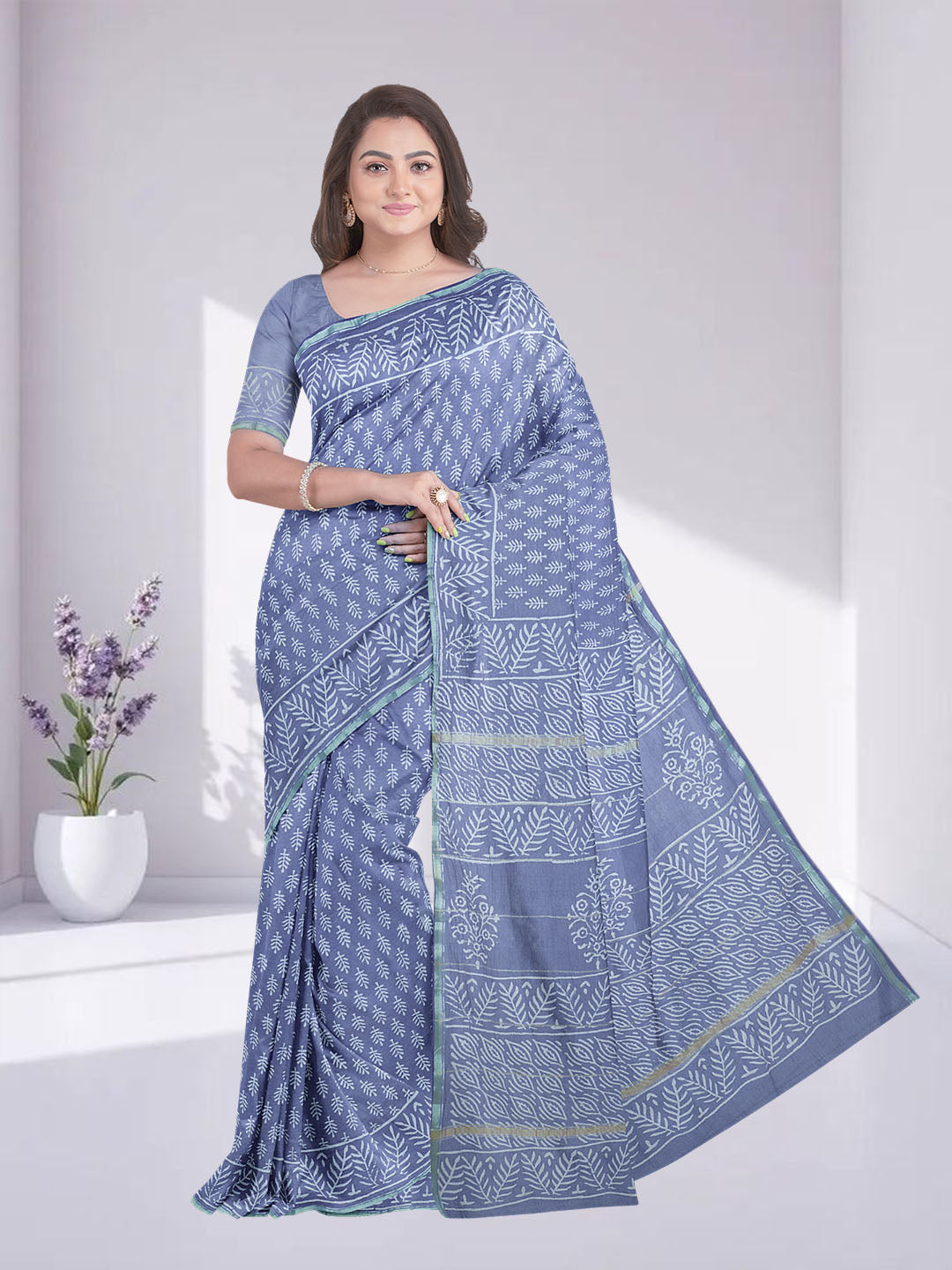 Women Light Blue Semi Chanderi Cotton Printed Saree SC70