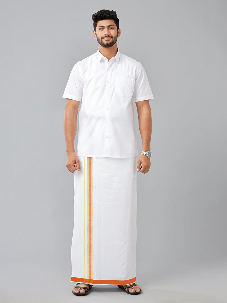 Mens Smart Look White Adjustable Pocket Dhoti with Orange fancy Border