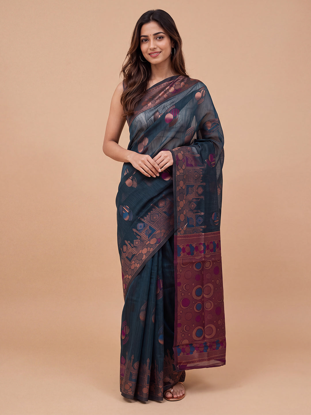 Women Spun Poly Teal Green Printed Saree SP20