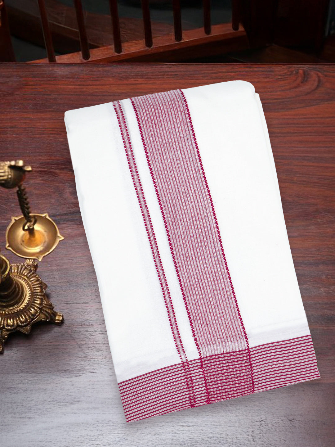 Men 100% Cotton Red Fancy Border Panchakacham Set White(9+5)