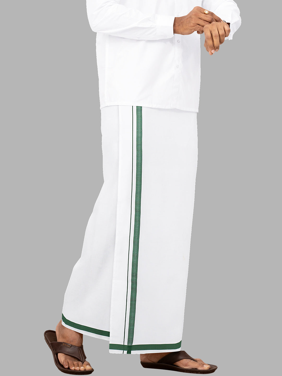 Men Green Fancy Border Single Layer White Dhoti PF01