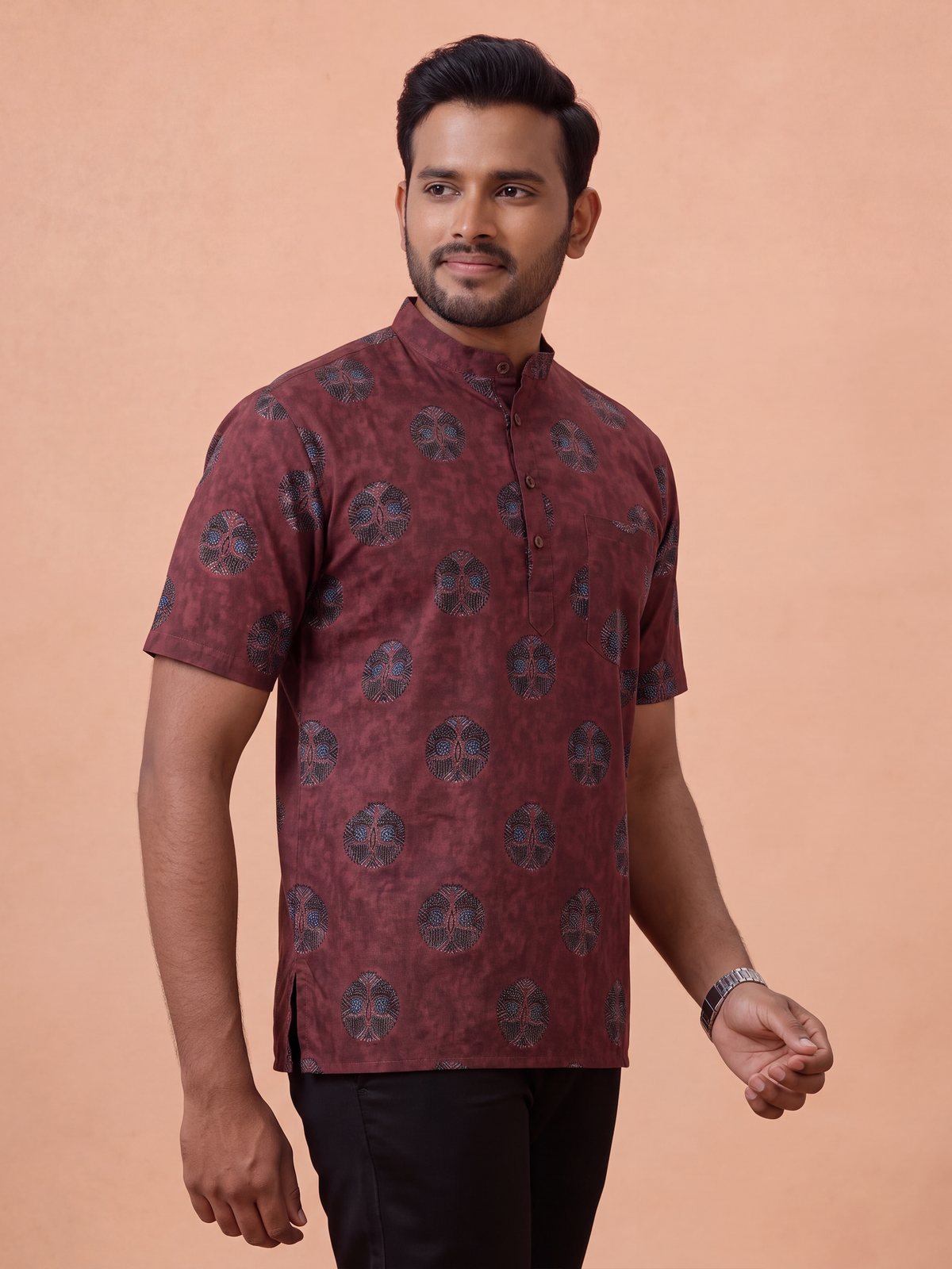 Cotton Short Length Printed Pocket Kurta Reddish Brown OE11