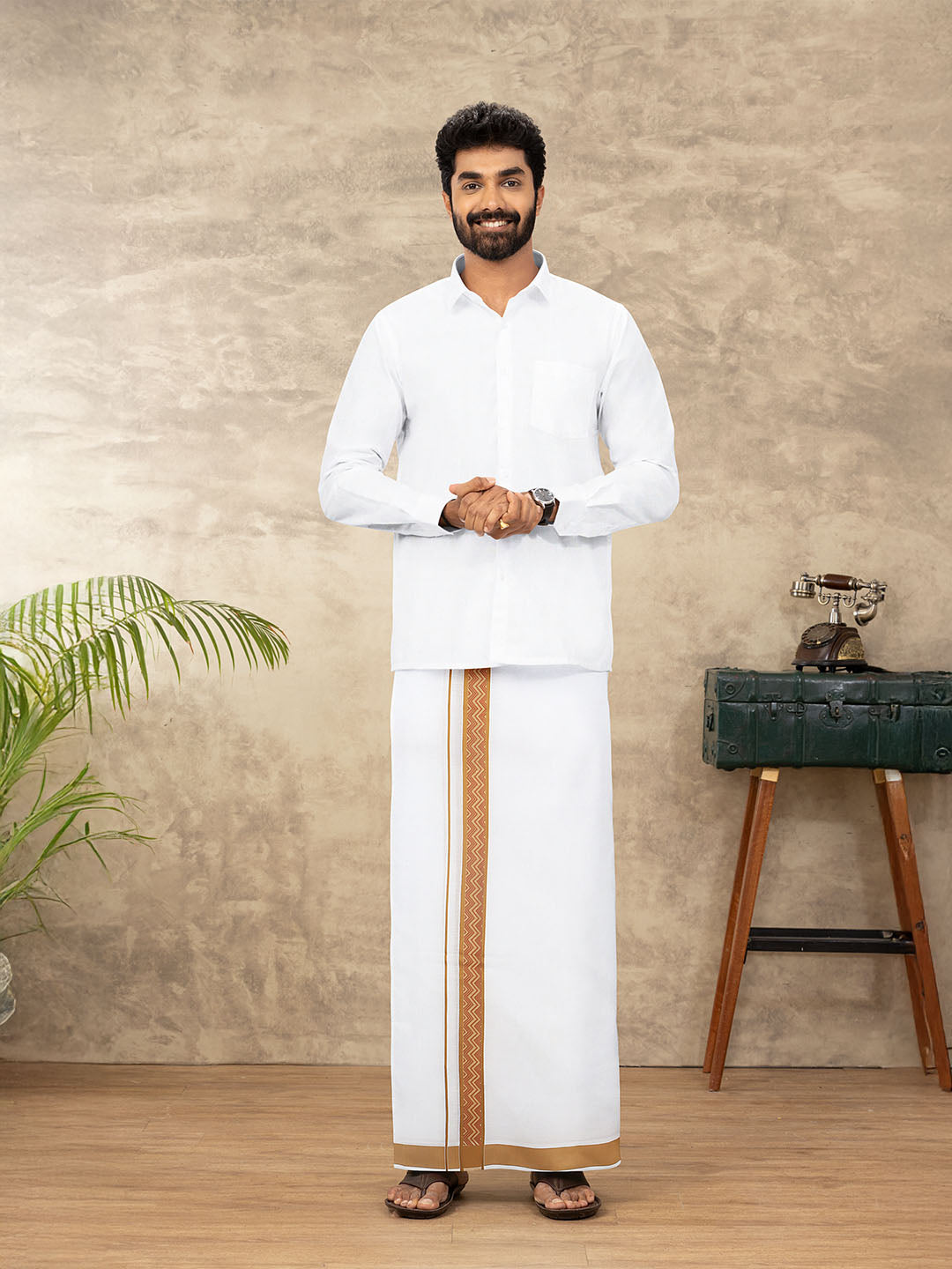 Men Cotton Blend Single Layer White Dhoti with Double Side Fancy Border HM 07