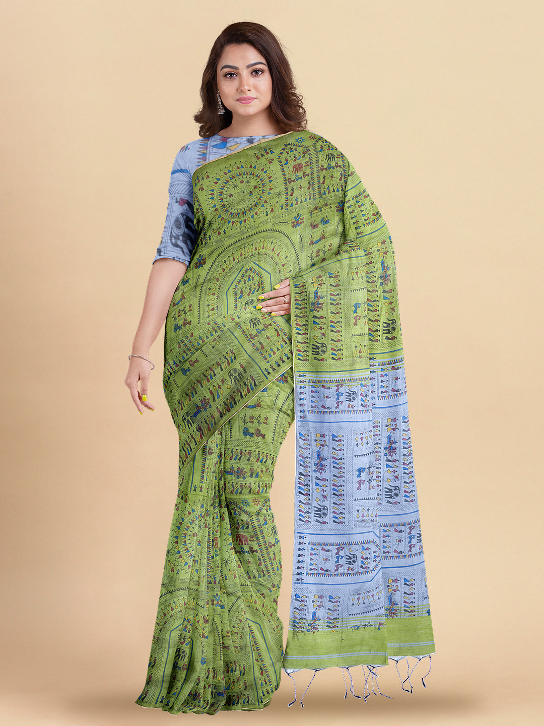 Womens Gorgeous Green with Grey Self Designed Pure Cotton Weaving Saree PCS68