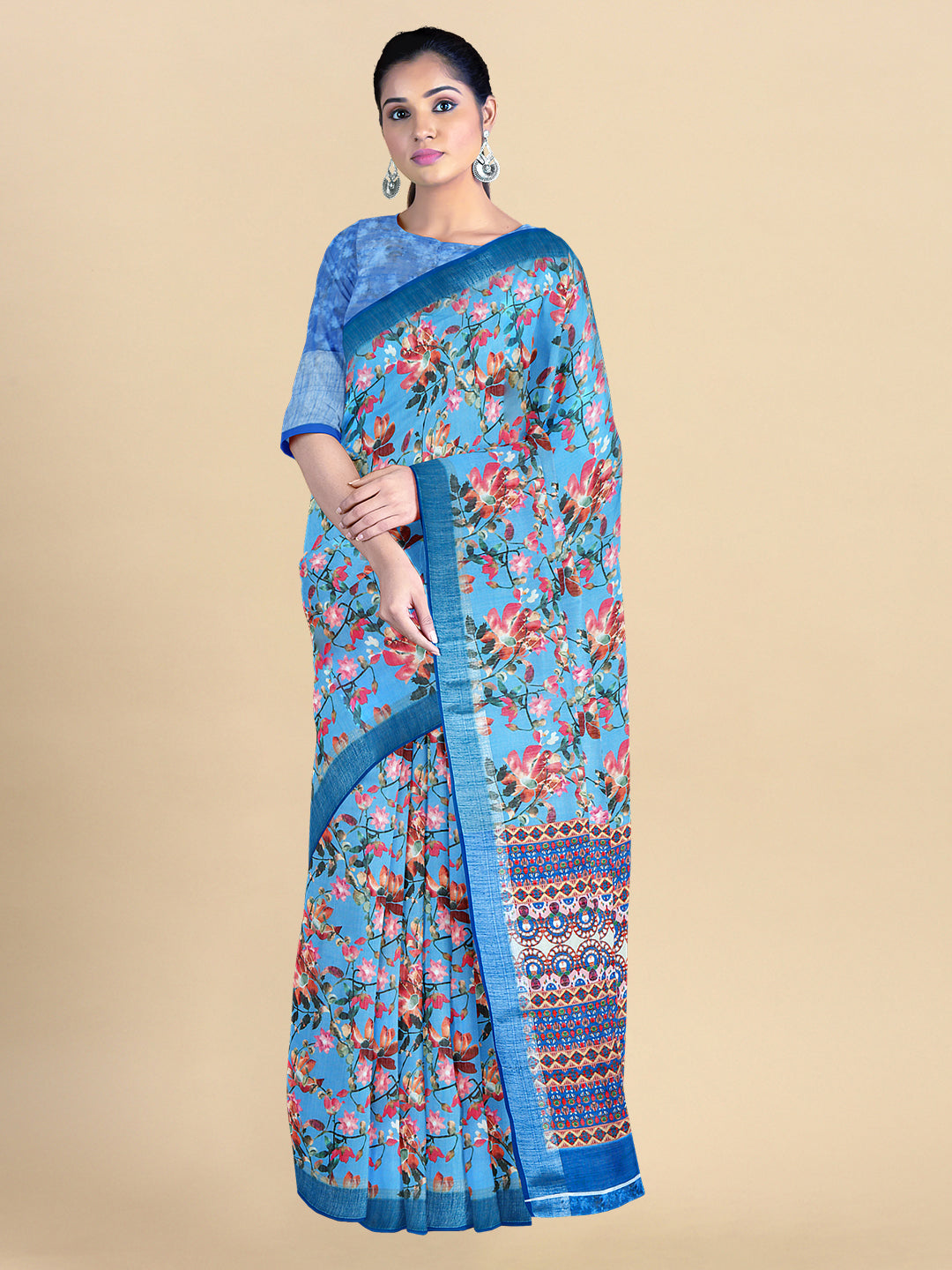 Semi Linen Blue with Multicolour fashionable Allover Digital Printed Saree SL94