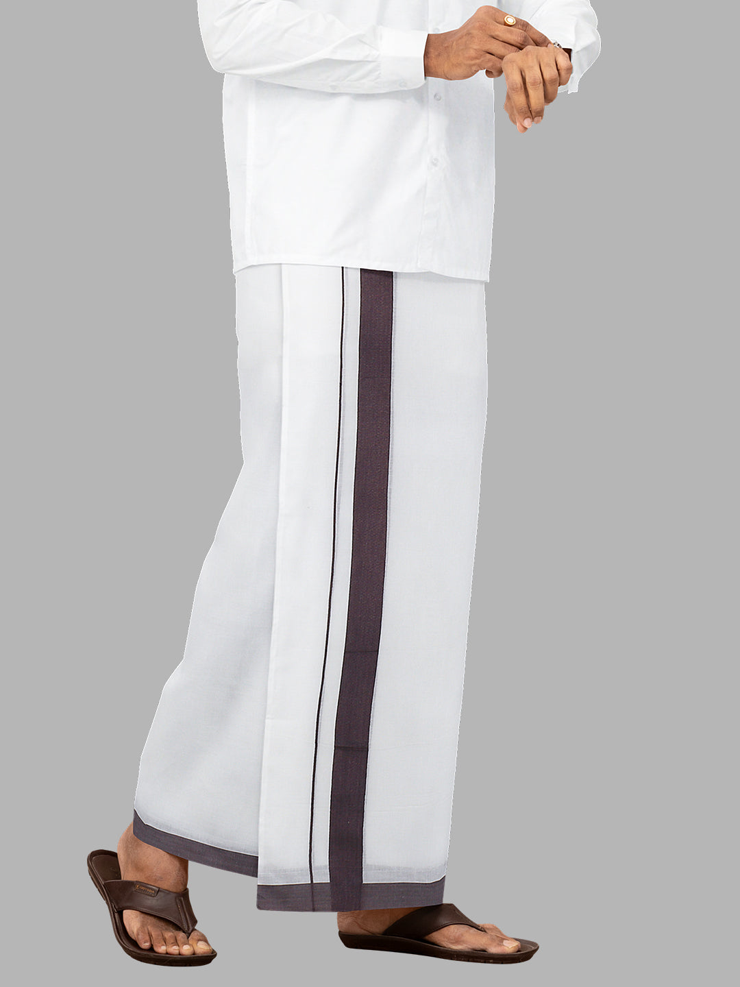 Men Violet Fancy Border Double Layer White Dhoti SSS01