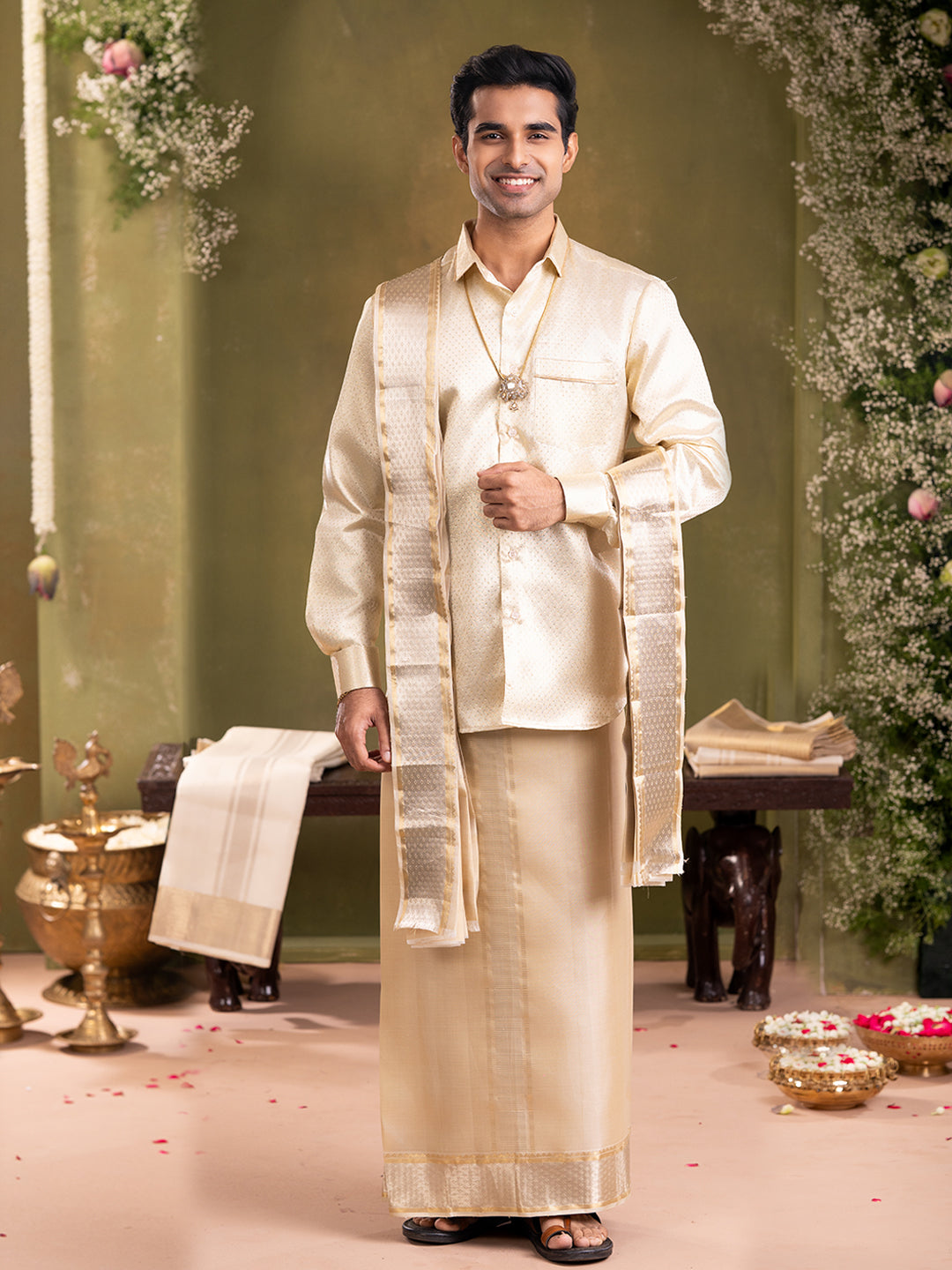 Pure Silk 4" Fawn Wedding Dhoti & Towel Set – Amirtham Gold-Silver Peacock Design
