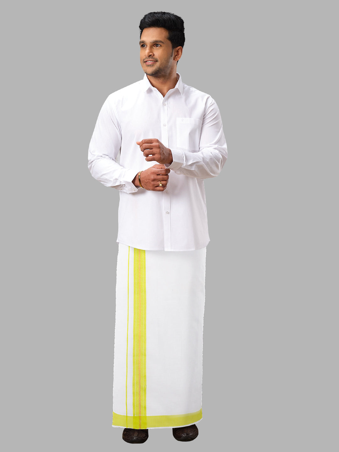 Men White with Green Fancy Border Readymade Pocket Single Layer Dhoti GACJ25