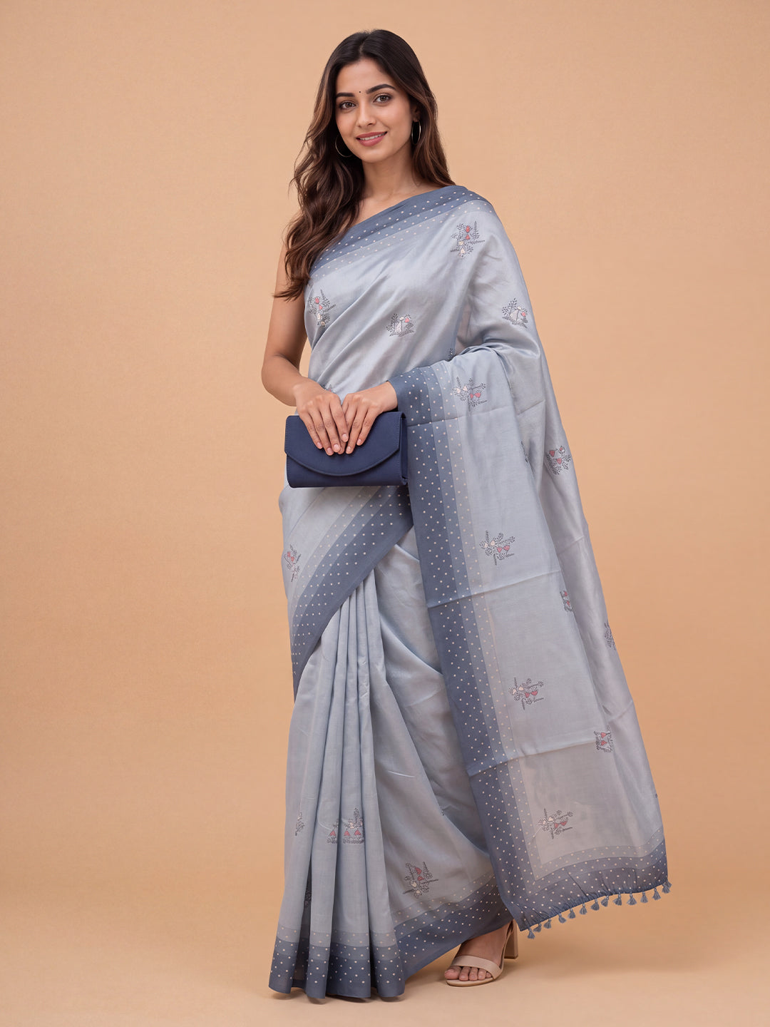 Women Semi Linen Blue Embroidered Saree SL268