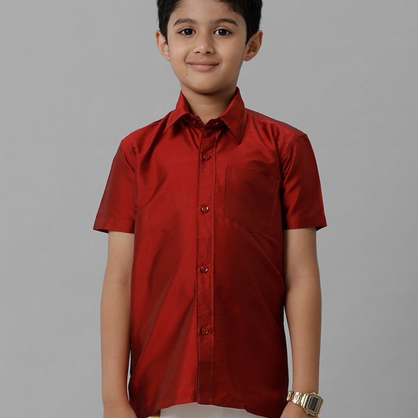 Boys Silk Cotton Maroon Half Sleeves Shirt with Adjustable Cream Dhoti