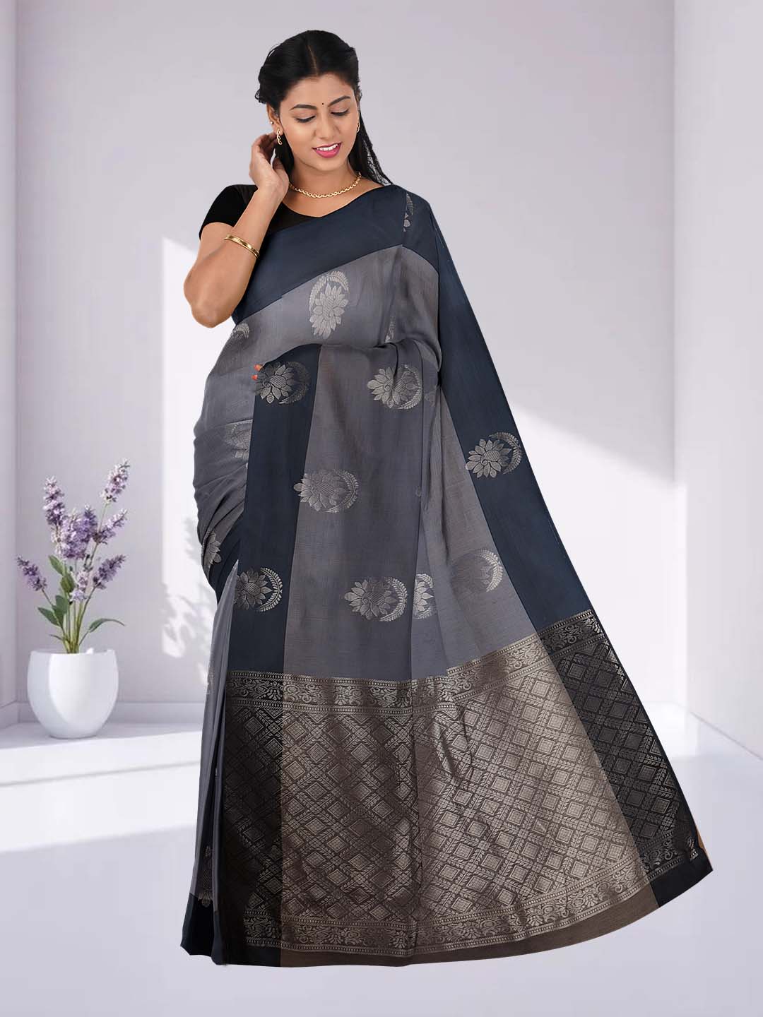 Women Bluish Grey Kotta Cotton Saree PCS186