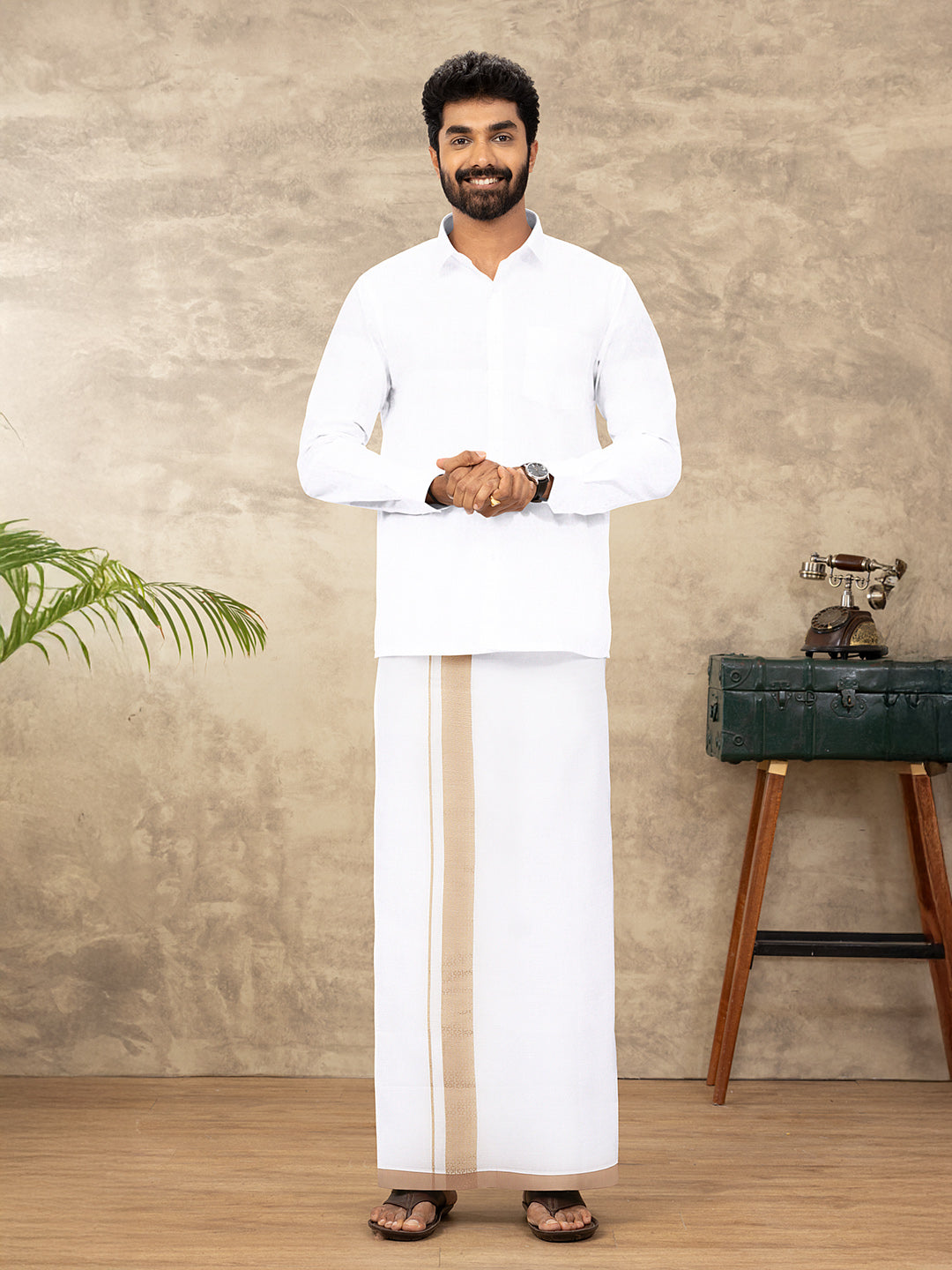 Men Cotton Blend Double Layer White Dhoti with Fancy Border TF10