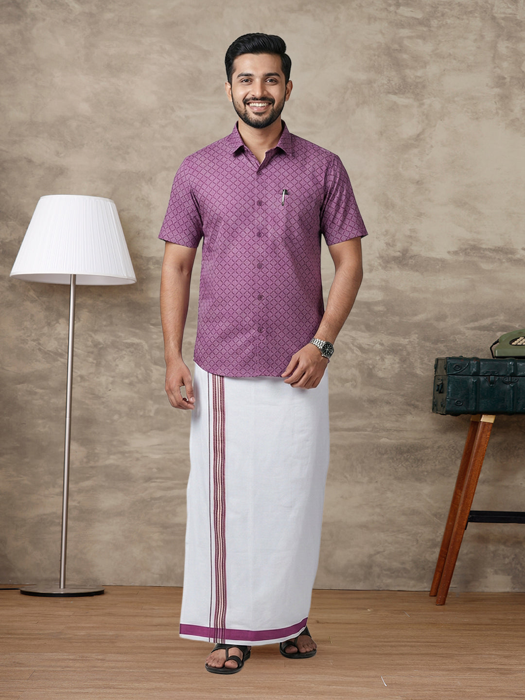 Like Father Like Son Matching Border Dhoti with Printed Shirt Combo Set Dark Magenta PS28