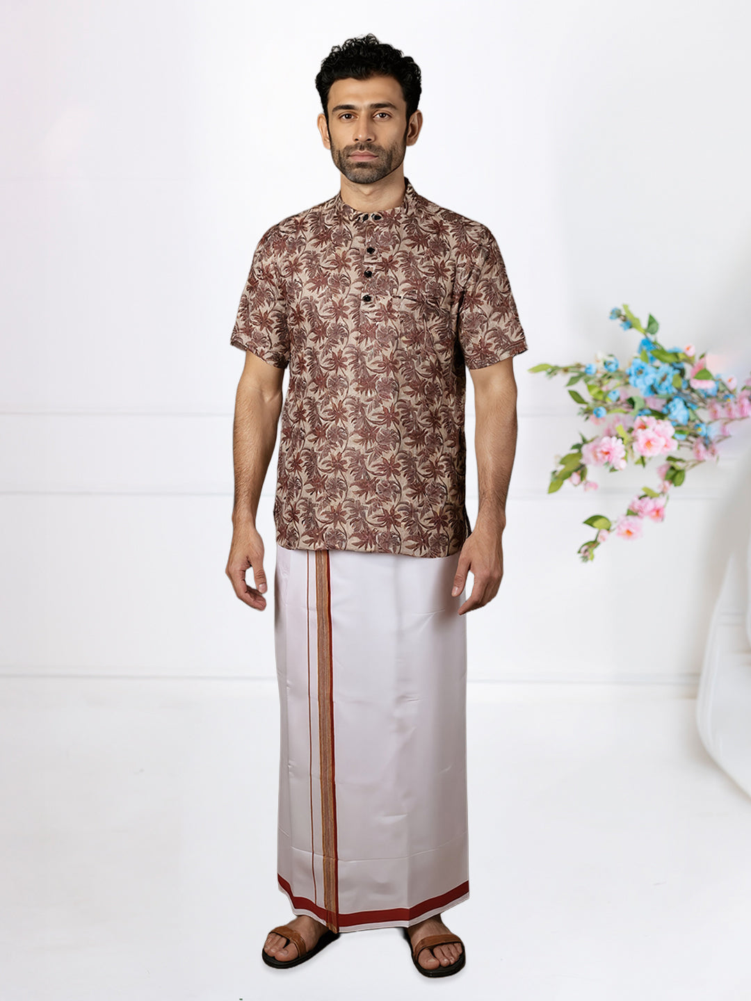 Men Brown Leaf Short Length Kurta with Matching Border Dhoti Set RI02