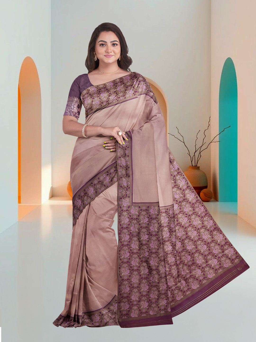 Women Pink Art Silk Printed Saree ASS70