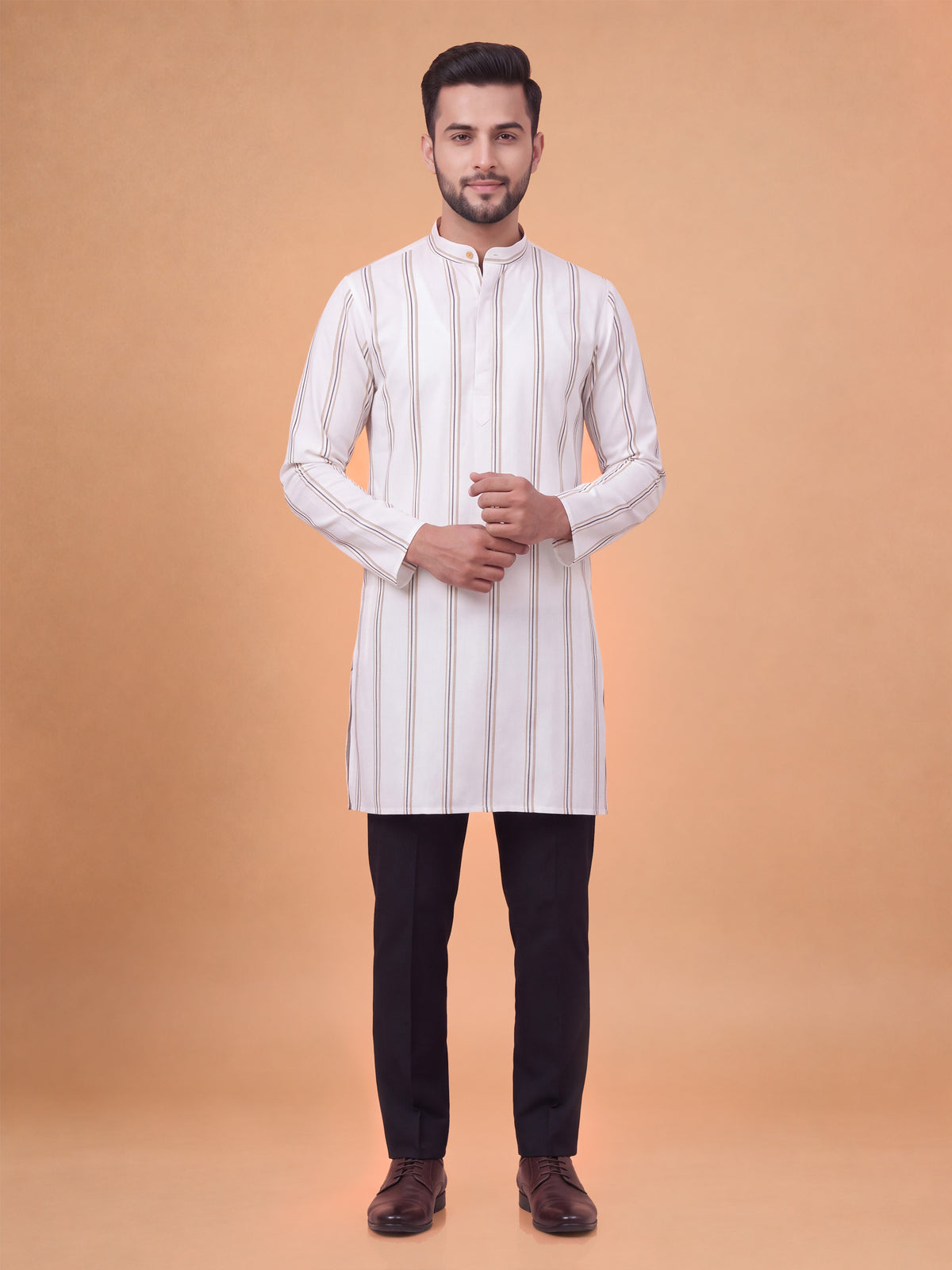 Cotton Medium Length Cream Tri Stripe Pocket Kurta RS14