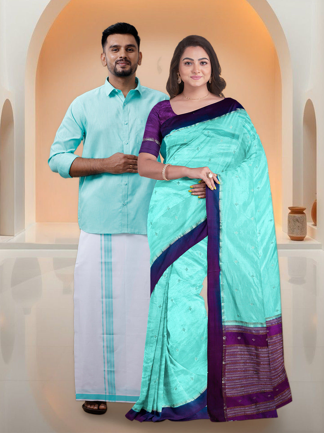 Couple Combo Shirt & Dhoti Set with Saree SkyBlue TS48